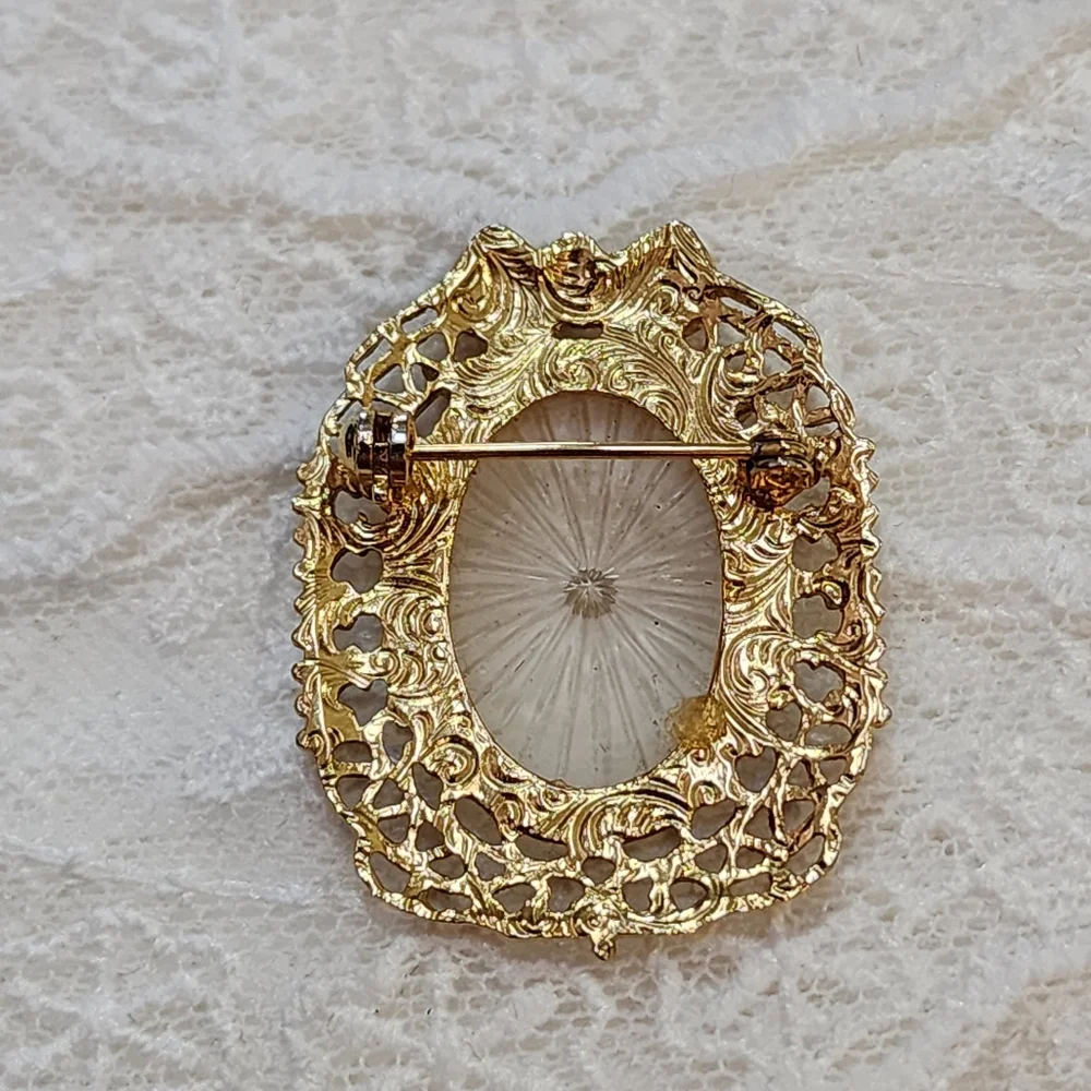 Vintage Filigree Gold Toned Brooch With Enameled Pink Bow
